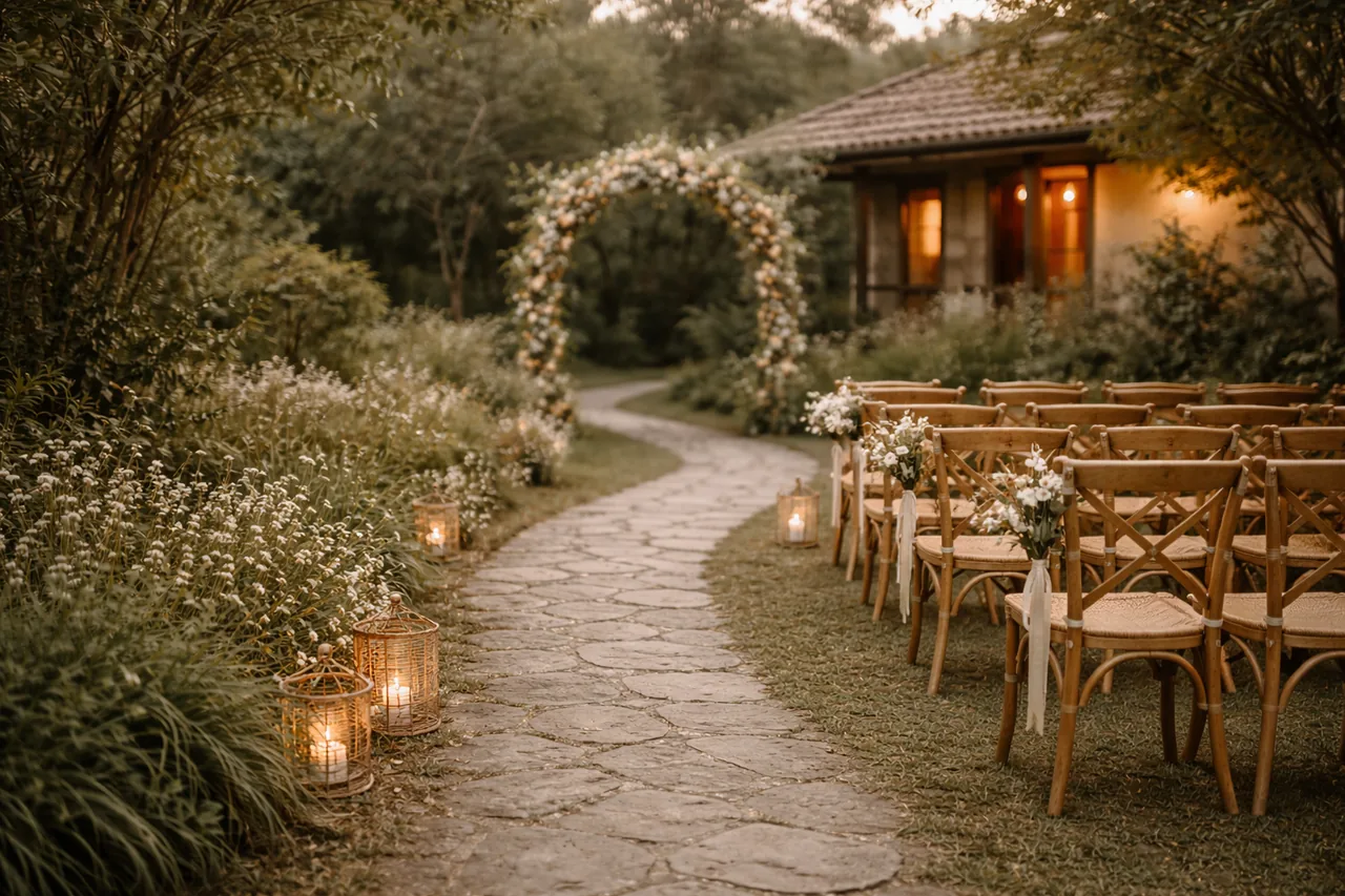 Outdoor ceremony garden with stone path and floral arch