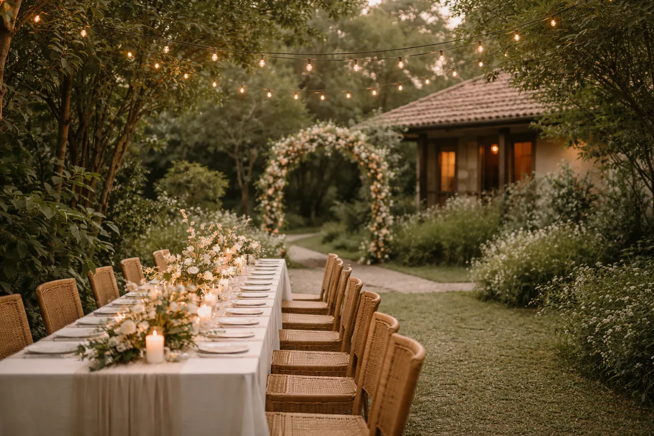 Garden reception with long table and string lights