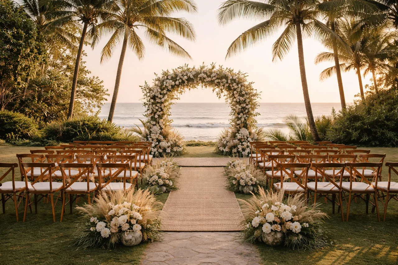 Beachfront ceremony space at golden hour