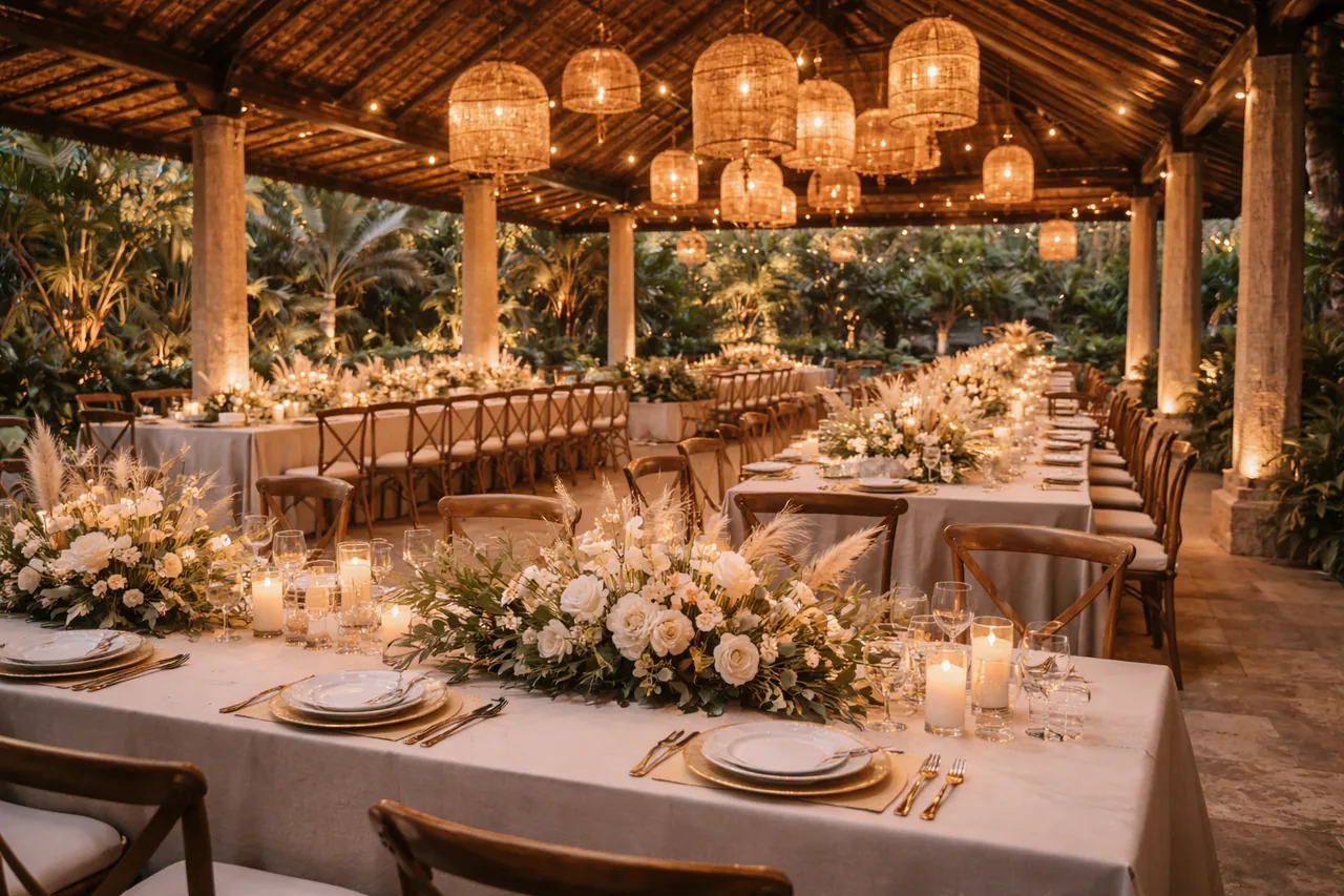 Open-air reception pavilion with tropical florals